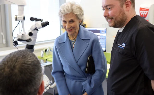 The Duchess of Gloucester wore a sky blue wool midi coat by Max Mara. The Duchess visited the Rainbow Suite