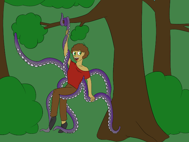 A woman with purple tentacles uses a tentacle to hang from a tree while waving hi with another tentacle.
