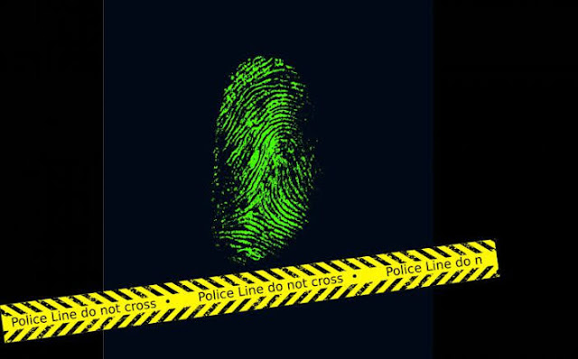 Gambar ini menunjukkan sidik jari hijau pada latar belakang hitam. Sidik jari tersebut memiliki pola whorl, yang merupakan pola sidik jari paling umum. Garis polisi juga terlihat di latar belakang.