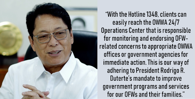 OWWA had launched a hotline number where Overseas Filipino Workers (OFW) can reach them should they have any concerns or even just simply they need to ask queries.  the hotline is said to be active 24 hours, seven days a week.      Ads   Overseas Workers Welfare Administration (OWWA) has released its hotline 1348.        “With the Hotline 1348, clients can easily reach the OWWA 24/7 Operations Center that is responsible for monitoring and endorsing OFW-related concerns to appropriate OWWA offices or government agencies for immediate action. This is our way of adhering to President Rodrigo R. Duterte’s mandate to improve government programs and services for our OFWs and their families,” said Labor Secretary and OWWA Board of Trustees Chair Silvestre H. Bello III.    The Hotline 1348can be availed 24/7, any day of the week, you can call it even during holidays. If you are in Manila, just simply dial 1348 using landline or mobile phone. If you are outside Metro Manila, you may dial (02) 1348. If you are outside the country, all you need to do is dial 0632-1348.    Ads        Sponsored Links    WWA had launched a hotline number where Overseas Filipino Workers (OFW) can reach them should they have any concerns or even just simply they need to ask queries.  the hotline is said to be active 24 hours, seven days a week.      Ads   Overseas Workers Welfare Administration (OWWA) has released its hotline 1348.        “With the Hotline 1348, clients can easily reach the OWWA 24/7 Operations Center that is responsible for monitoring and endorsing OFW-related concerns to appropriate OWWA offices or government agencies for immediate action. This is our way of adhering to President Rodrigo R. Duterte’s mandate to improve government programs and services for our OFWs and their families,” said Labor Secretary and OWWA Board of Trustees Chair Silvestre H. Bello III.    The Hotline 1348can be availed 24/7, any day of the week, you can call it even during holidays. If you are in Manila, just simply dial 1348 using landline or mobile phone. If you are outside Metro Manila, you may dial (02) 1348. If you are outside the country, all you need to do is dial 0632-1348.    Ads        Sponsored Links        “We want the OFWs, their families, and the public to be able to connect with OWWA with as much ease as possible. Thus, our Hotline 1348 is staffed by dedicated live agents trained to respond to calls, provide information, and gather requests for assistance from our clients,” said OWWA Administrator Hans Leo J. Cacdac.      In addition to the partnership, Smart, which is also under PLDT, will be providing free 30-minute WiFi services to OFWs visiting or transacting business within the OWWA building.    For more contact numbers of OWWA Of    “We want the OFWs, their families, and the public to be able to connect with OWWA with as much ease as possible. Thus, our Hotline 1348 is staffed by dedicated live agents trained to respond to calls, provide information, and gather requests for assistance from our clients,” said OWWA Administrator Hans Leo J. Cacdac.    In addition to the partnership, Smart, which is also under PLDT, will be providing free 30-minute WiFi services to OFWs visiting or transacting business within the OWWA building.    For more contact numbers of OWWA Offices in the Philippines click here.