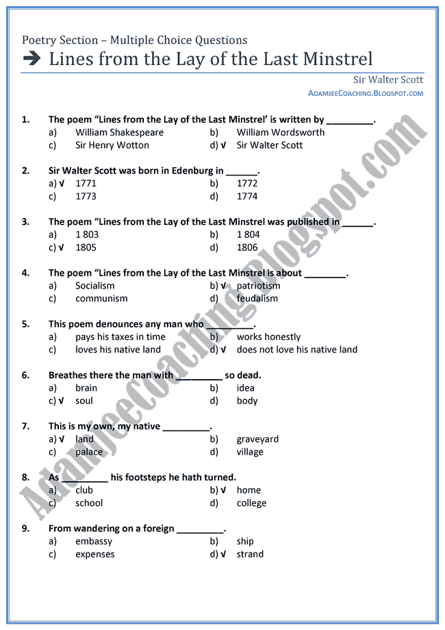 Lines-from-the-Lay-of-the-Last-Minstrel-MCQs-English-XI