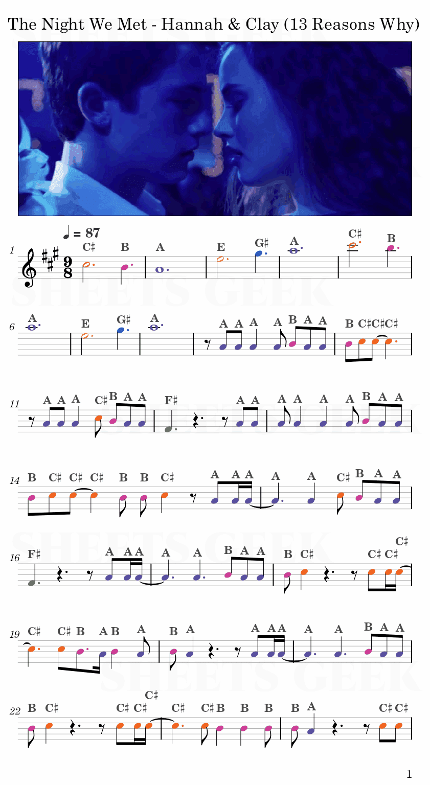 The Night We Met - Hannah & Clay (13 Reasons Why) Easy Sheet Music Free for piano, keyboard, flute, violin, sax, cello page 1