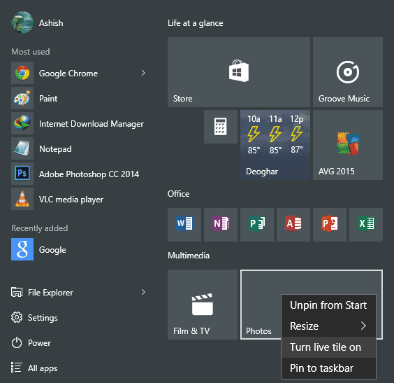 Turn On Live Tile for Photos App
