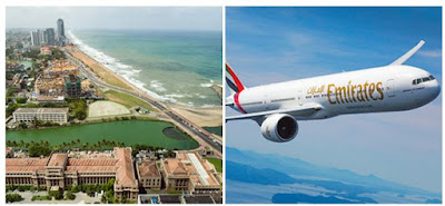 Source: Emirates. Aerial view of Colombo and a plane in the Emirates livery.