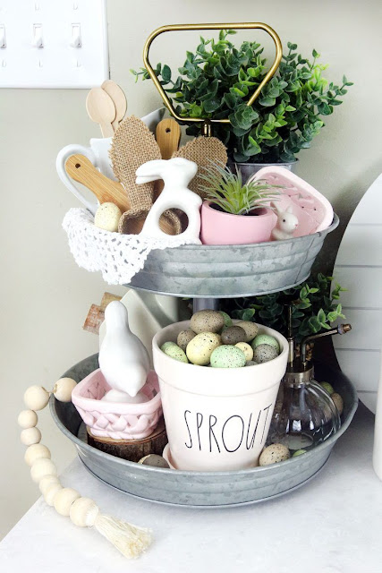 Easter decorating ideas for a tiered tray.