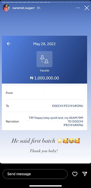 Caramel Plug receives 1 million naira from her boyfriend, king Manny who is Burna Boy’s PA