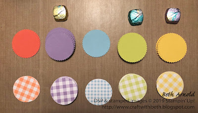 Craft with Beth: GIngham Gala DSP Designer Series Paper Circle Punch Classic Label Punch Starburst Punch Easter Spring Treat Holder OnStage Joining Promotion Pearl Basic Jewels Dove Chocolate