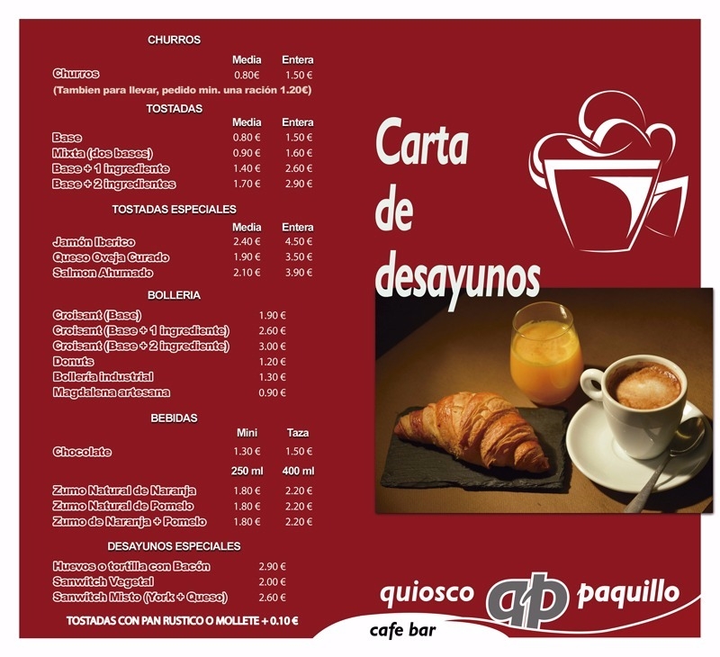 Quiosco Paquillo (Almería) Cafe-Bar: carta desayunos
