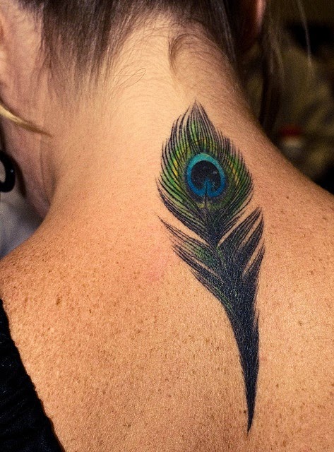 Women Neck With Peocock Feather Tattoos, Feather Of Peacock Tattoo Design On Men Neck, Neck With Feather Peacock Tattoos, Men, Women, Birds,