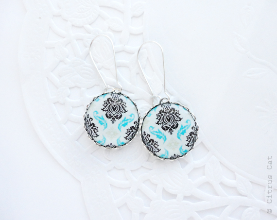 Turquoise and Black Damask earrings damask and turquoise weddings