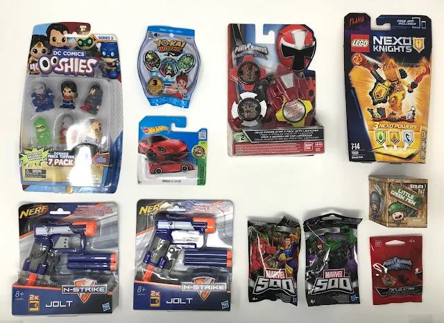 DC Comics Ooshies Pencil Toppers 7 pack, 2 x Nerf N-Strike Jolt, Marvel 500 blind bag series 6, Marvel 500 blind bag series 7, Hot Wheels Porche 911 GT3 RS, YO-KAI Watch blind bag, Power Rangers Ninja Power Star 2 Pack with Launcher ,Power Rangers Ninja Star blind bag, Little Green Men Blind bag, Flama Nexo Knights