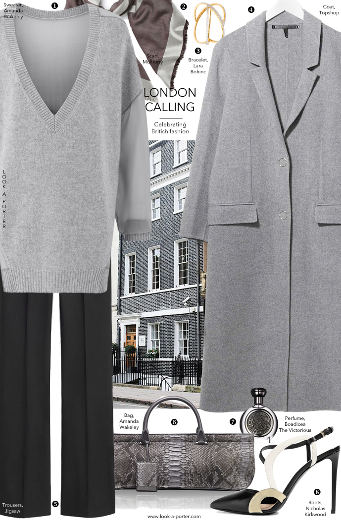 Another outfit idea in shades of grey inspired by London fashion week and British fashion designers and brands, and styled with new and ironic brands featuring Amanda Wakeley, Mulberry, Nicholas Kirkwood and more via www.look-a-porter.com, style & fashion blog