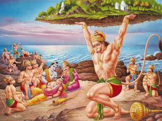 ) Hanuman carrying a mountain peak of herbs to Lanka. The herbs heal the wounded monkeys and beard and bring the dead hack to life. 