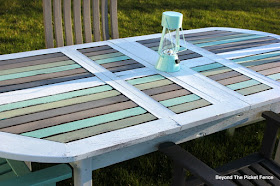 Patio table, paint, DIY, garage sale makeover, upcycled, summer entertaining,http://bec4-beyondthepicketfence.blogspot.com/2016/04/beachy-patio-table.html 