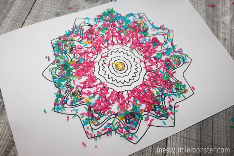 Coloured rice Rangoli pattern craft for kids