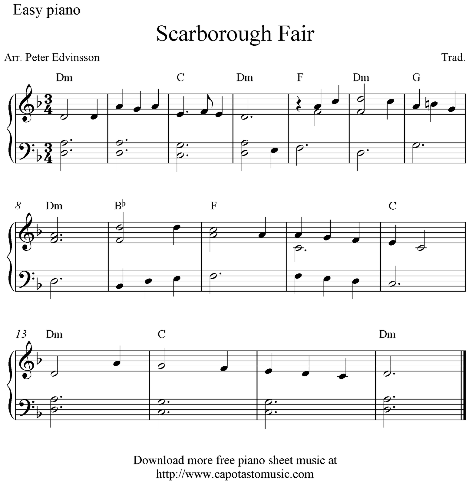 Free easy piano sheet music score, Scarborough Fair