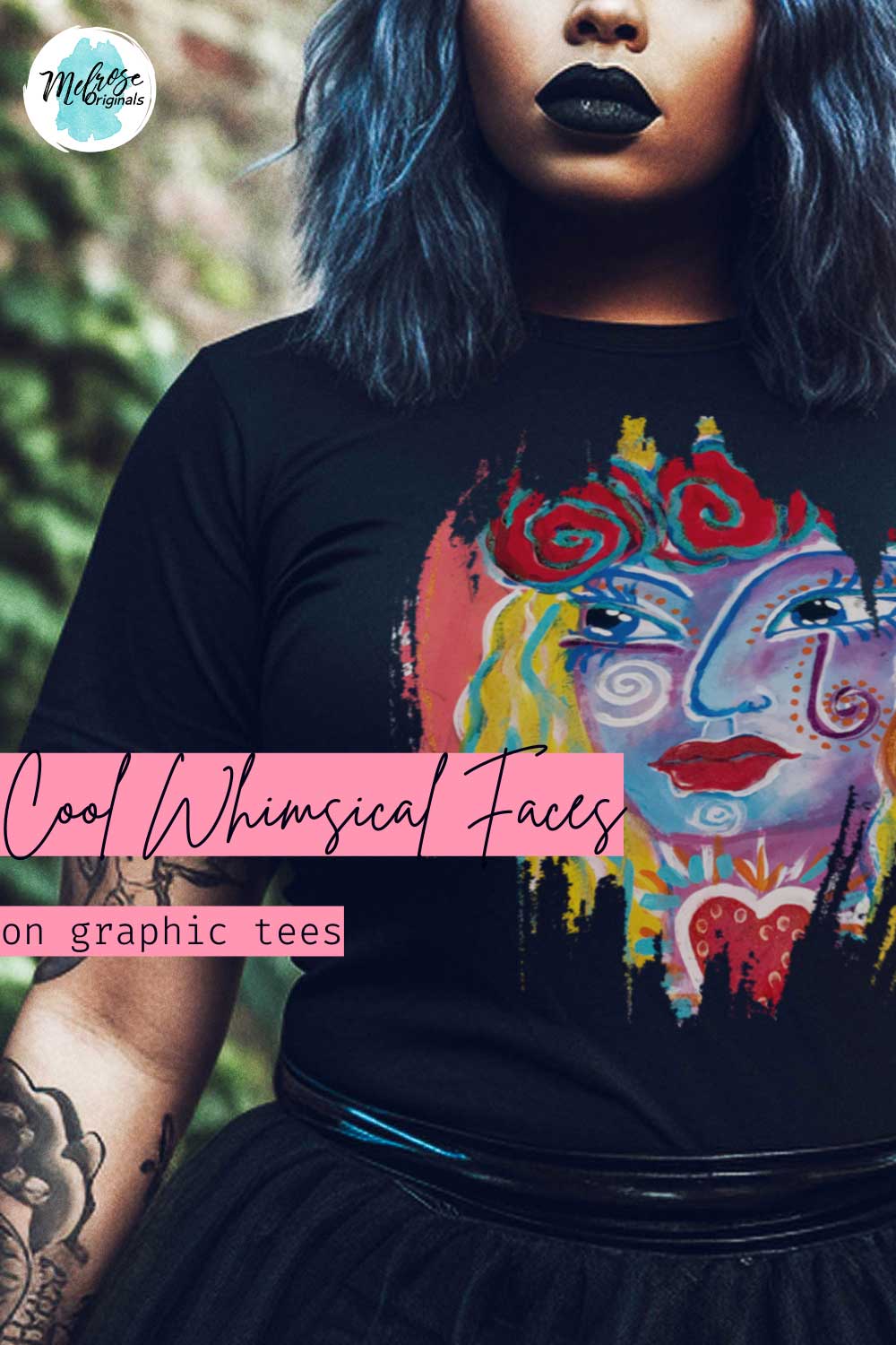 goth girl wearing vibrant art on graphic tee