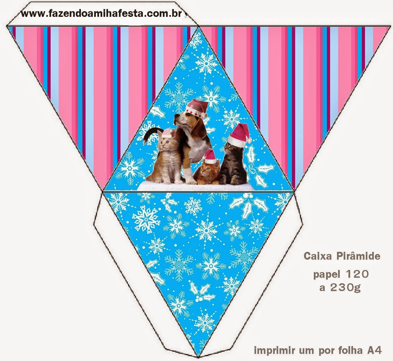 Caja con forma de pirámide de Perro y Gato en Navidad.