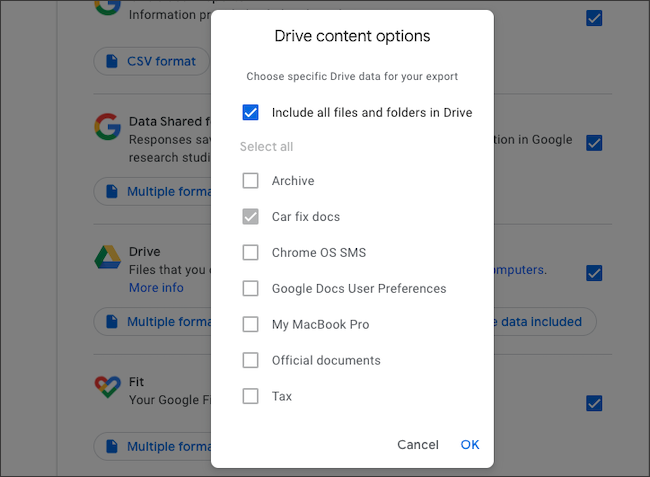 حدد مجلدات Google Drive للتصدير