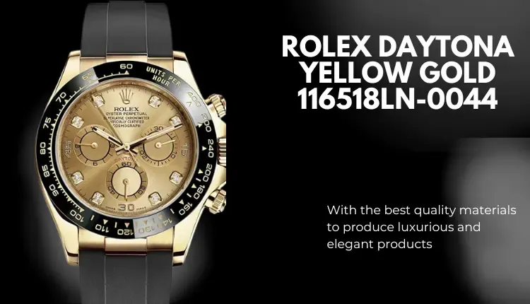 A picture of a golden Rolex watch with a black background written on it Rolex daytona yellow gold 116518LN-0044