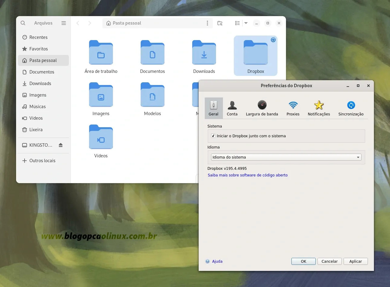 Dropbox executando no Fedora 40 Workstation