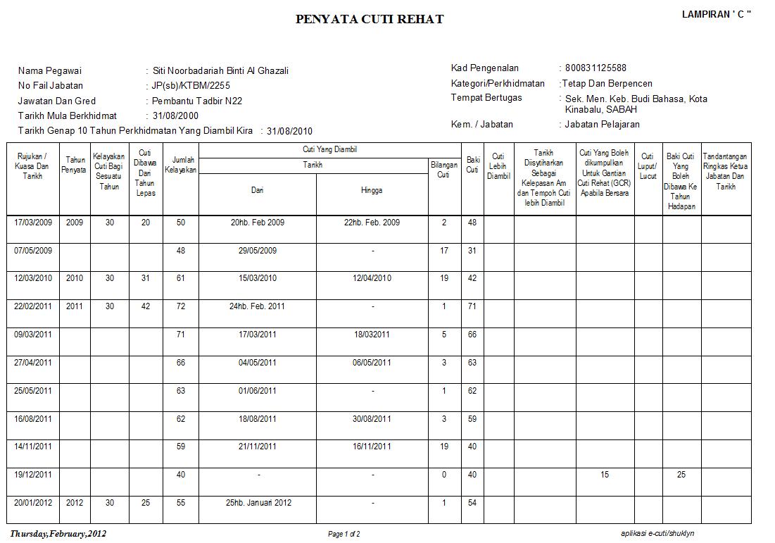 Contoh Borang Rekod Cuti Pekerja