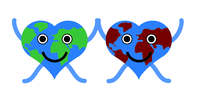 Two drawings of earths in form of a heart and arms, legs and eyes, one with green land and one with brown land