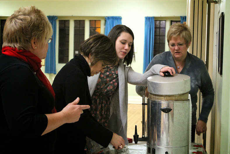 Manon, Josee, Nikki and Elise wrangle the coffee pot for the concert reception