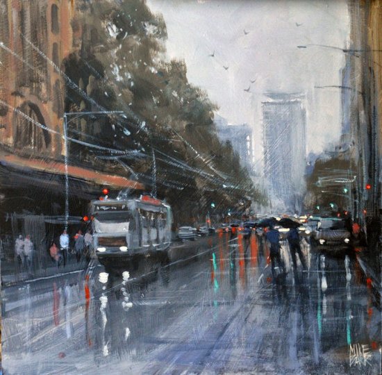 Mike Barr pinturas cidades australianas na chuva impressionista triste