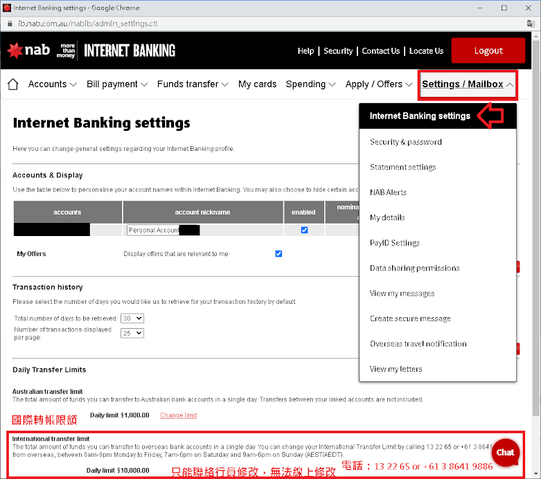 NAB國際轉帳限額