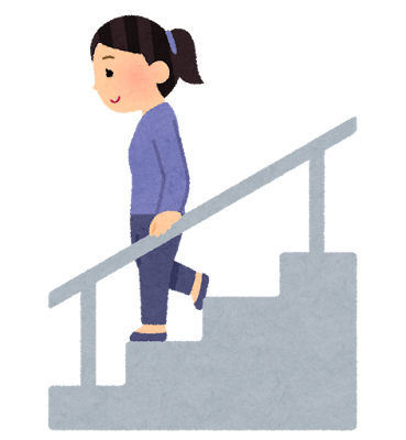 手すりを持って階段を降りる人のイラスト（女性）