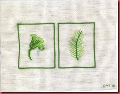 Pair of Leaves: 3 colors of DMC six strand floss on 18-ct Fiddler's Cloth