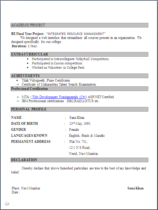 Computer Science Fresher Resume Format - Resume Formats