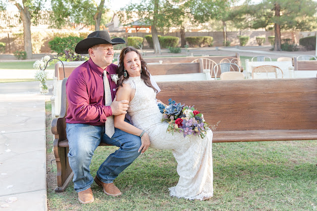 Bride and Groom Photos on Church Pews at Shenandoah Mill in Gilbert AZ