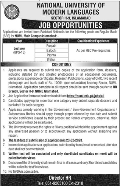 NUML University jobs 2023
