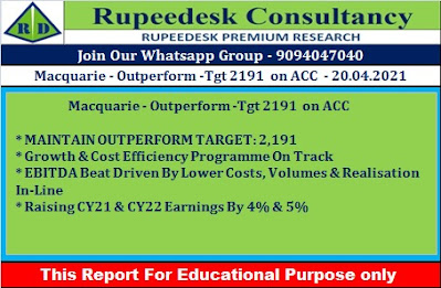 Macquarie - Outperform -Tgt 2191  on ACC  20.04.2021