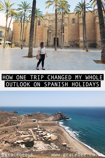 Grace is standing in front of Almeria Cathederal. Below this image is another image of the lighthouse at Cabo De Gata. In between these images the text reads "how one trip changed my whole outlook on Spanish Holiday"