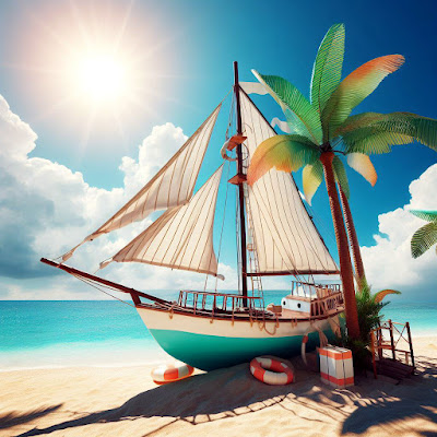 sailboat up on beach leaning against coconut tree