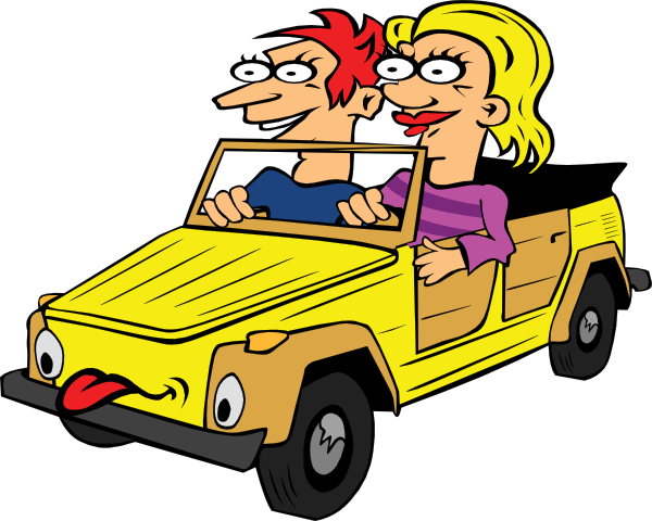 A blonde and a brunette are driving down the highway in a convertible.