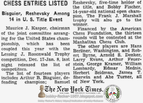 Chess Entries Listed: Bisguier, Reshevsky Among 14 in U.S. Title Event