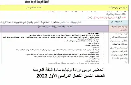 تحضير درس إرادة وثبات مادة اللغة العربية الصف الثامن الفصل الدراسى الأول 2023
