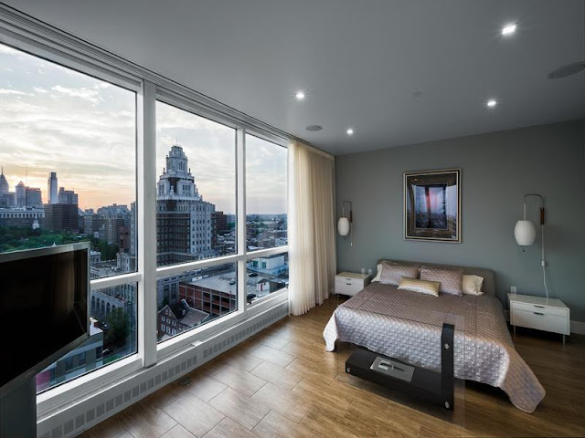 Photo of modern bedroom with the view of Philadelphia