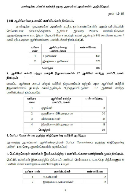 இன்று (1.9.15) சட்டமன்றத்தில் பள்ளி மானிய கோரிக்கையில் மாண்புமிகு பள்ளி கல்வி அமைச்சர் அவர்களின் அறிவிப்புகள்: