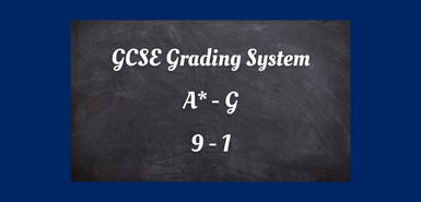 Dark blue background with a grey chalkboard overlay with the words "GCSE Grading System, A* - G, 9 - 1" in white.