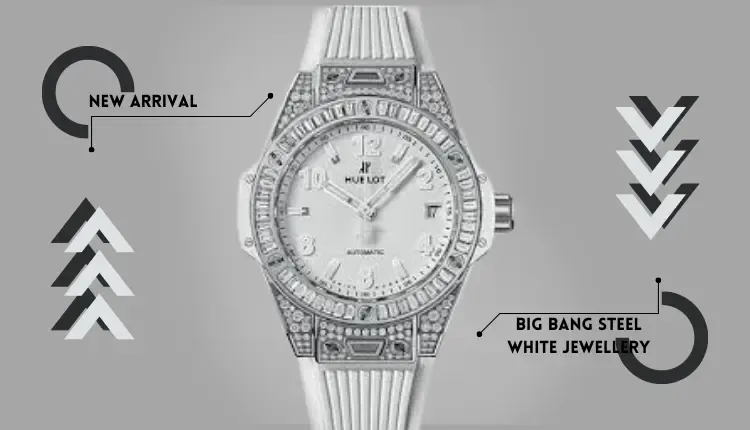 Image of Hublot Big Bang Steel White Jewelry luxury wristwatch with a gray background