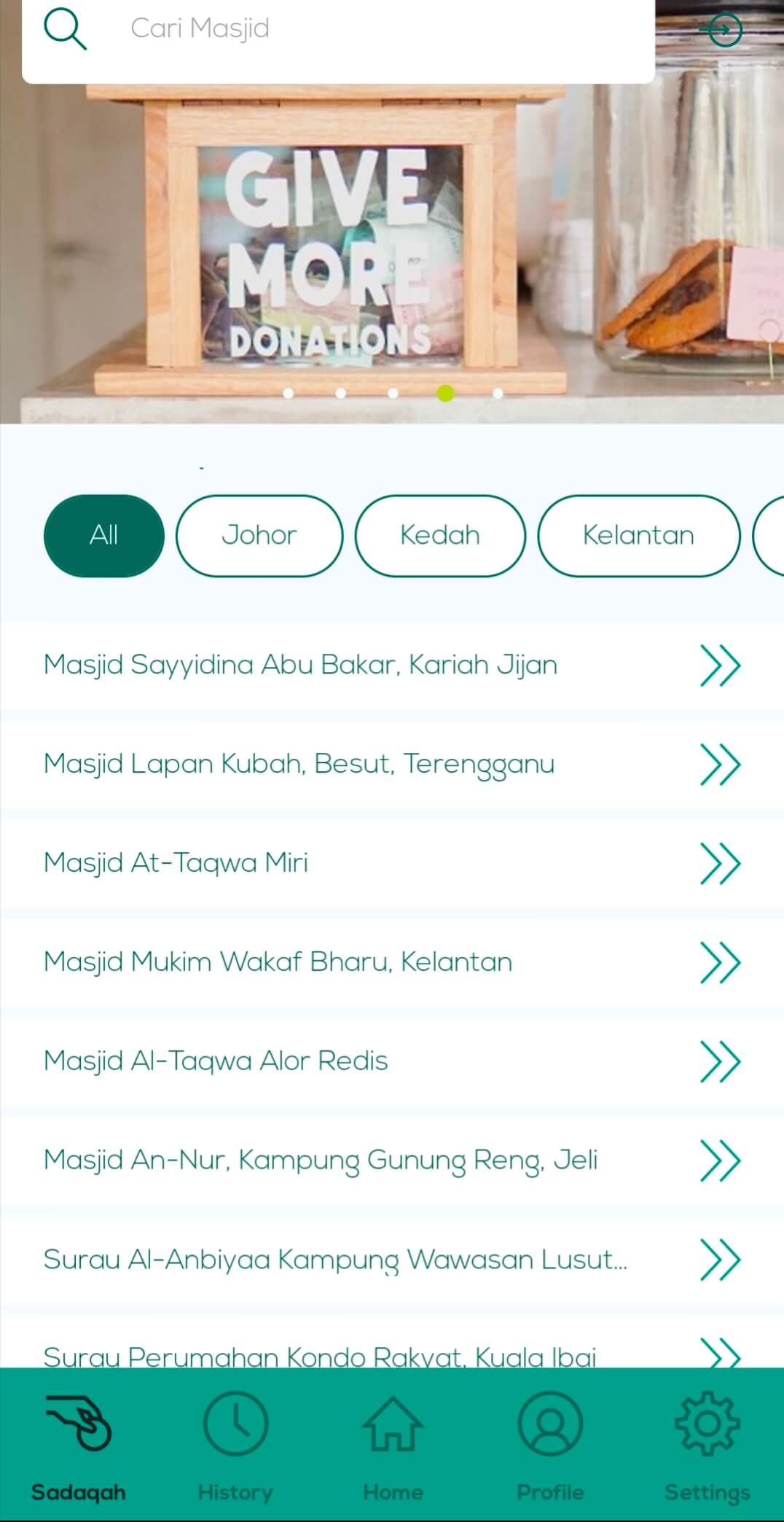 Derma Masjid dan Surau di Malaysia Secara Online di Aplikasi Sujood
