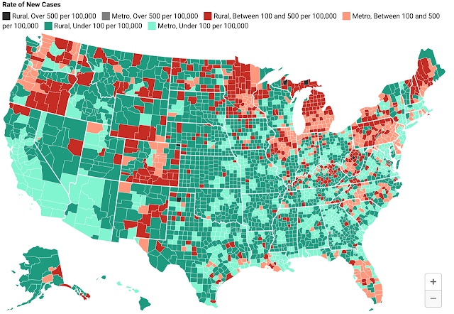 Daily Yonder interactive map showing county-level data for new coronavirus infection rates