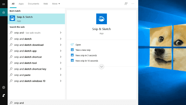 snip and sketch program in windows 10 search bar