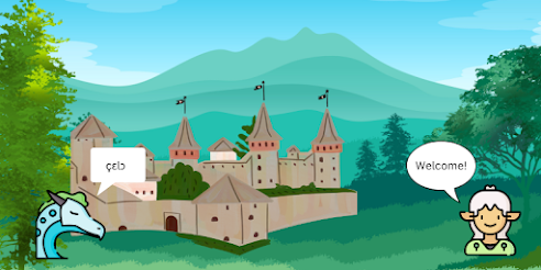 A castle sits on a hill. On the left, a dragon head is saying 'hello'. On the right, a princess says 'welcome'