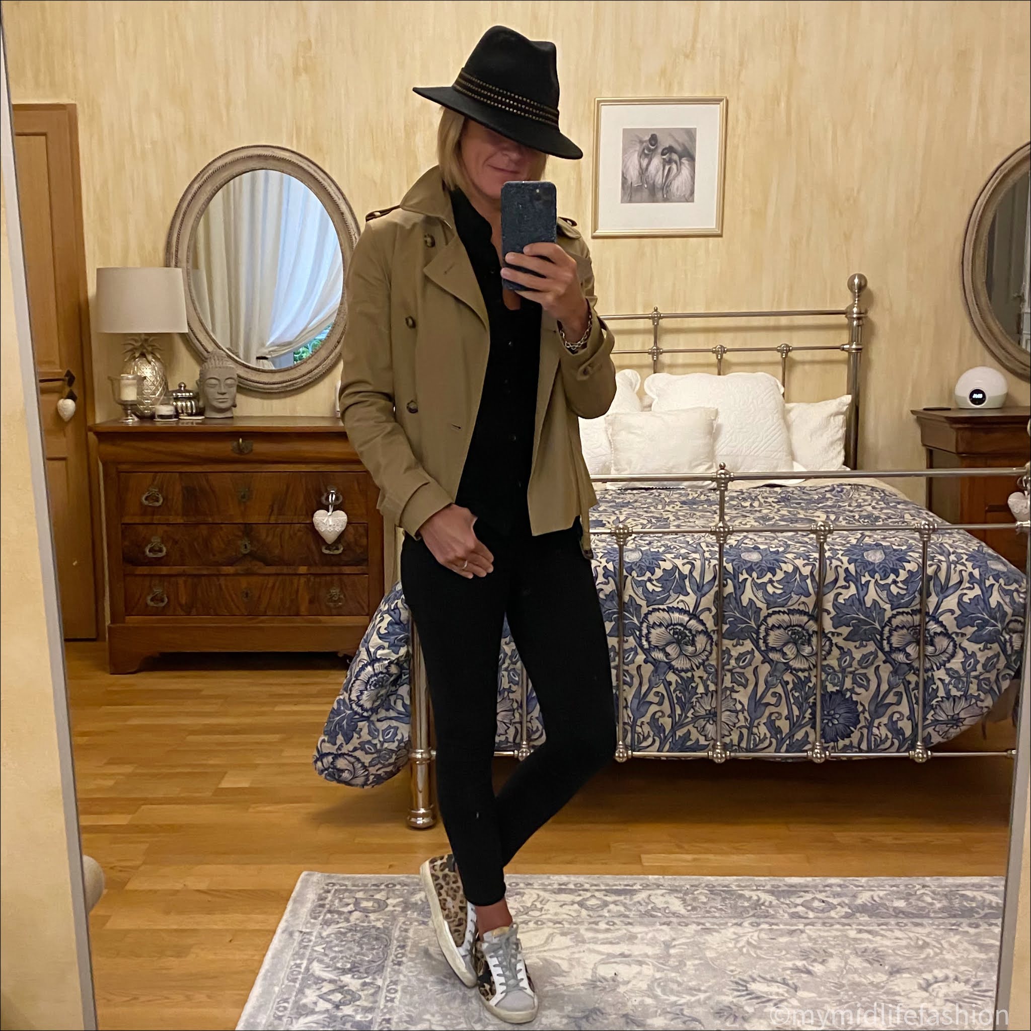 my midlife fashion, j crew 8 stretchy toothpick jean in true black, John Lewis and partners fedora felt hat, Isabel Marant Etoile wool shirt, golden goose superstar low top leopard print trainers, Joseph cropped trench coat